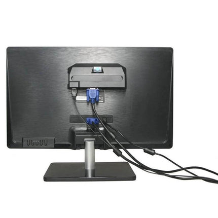 Compact Mini PC for Windows and Linux Everyday Computing mounted behind monitor with cables