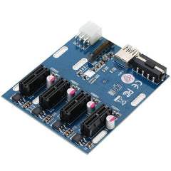 PCI-E Converter Card for Expanding Computer Slots to Four Slots - blue PCB with one PCIe 1x to four slot expansion, power connector and USB riser