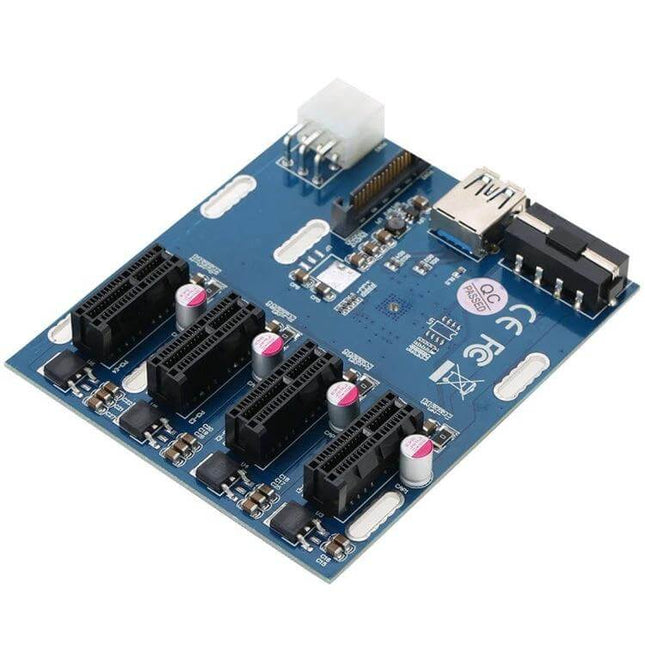 PCI-E Converter Card for Expanding Computer Slots to Four Slots - blue PCB with one PCIe 1x to four slot expansion, power connector and USB riser