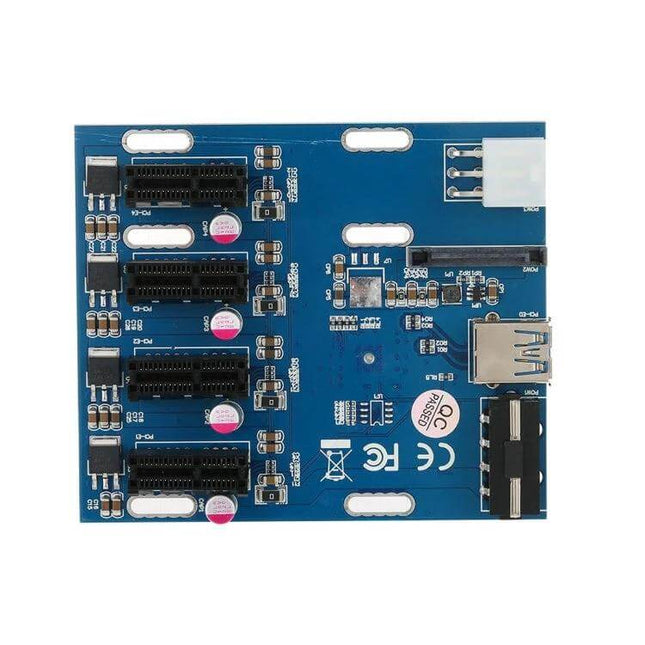 PCI-E Converter Card for Expanding Computer Slots to Four Slots blue PCB with four x1 slots, USB power connector and components