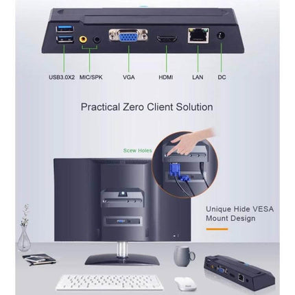 R1 Compact Mini PC for Everyday Home Computing Tasks showing rear ports USB3.0 MIC/SPK VGA HDMI LAN DC and VESA monitor mount