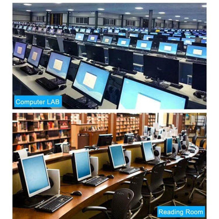 R1 Compact Mini PC for Everyday Home Computing Tasks mounted behind monitors in space-saving computer lab and library setup