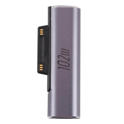 USB-C Female Charging Adapter for Microsoft Surface Devices showing compact 102W metallic adapter with Surface magnetic connector