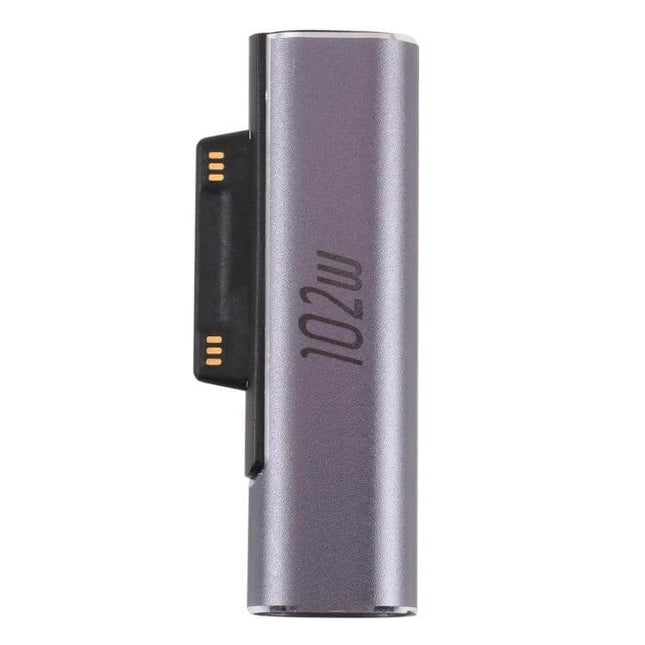 USB-C Female Charging Adapter for Microsoft Surface Devices showing compact 102W metallic adapter with Surface magnetic connector