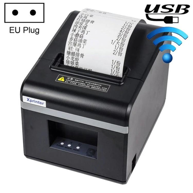 Xprinter Automatic Thermal Receipt Printer with USB and WiFi in black printing clear receipts for retail, coffee shops and small offices