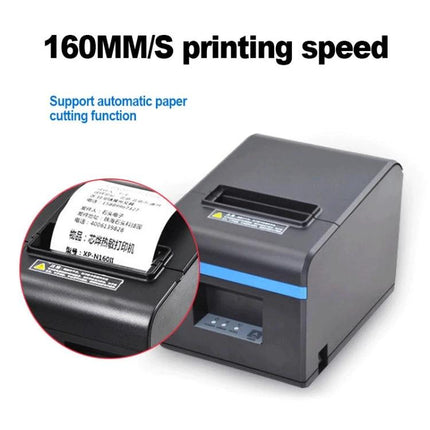 Xprinter N160II Thermal Receipt Printer with USB and Bluetooth compact black receipt printer showing paper feed and fast 160mm/s printing