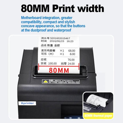 Xprinter N160II Thermal Receipt Printer with USB and Bluetooth showing 80mm print width and receipt output