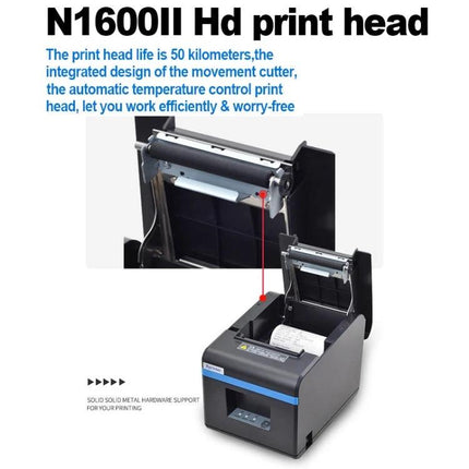 Xprinter N160II Thermal Receipt Printer with USB and Bluetooth showing open cover and print head for receipt printing
