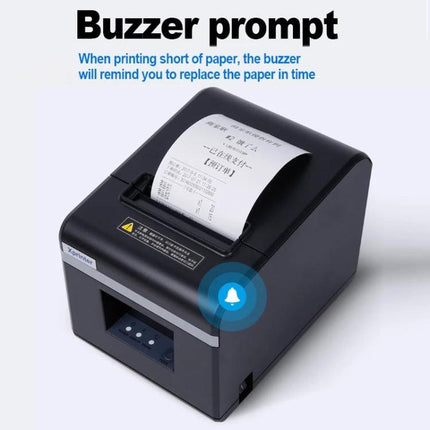Xprinter N160II Thermal Receipt Printer with USB and Bluetooth showing buzzer prompt and receipt output