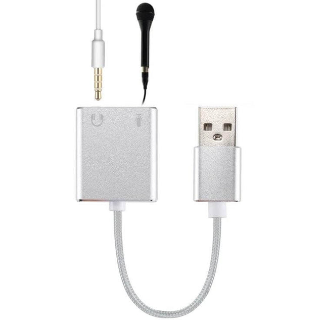 Compact Aluminum External USB Sound Card for PC and Laptops - silver aluminum external USB sound adapter with headphone and microphone jacks