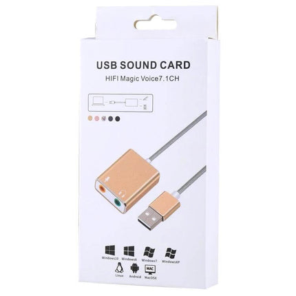 Compact Aluminum External USB Sound Card for PC and Laptops in gold aluminum housing with USB connector and headphone/mic ports