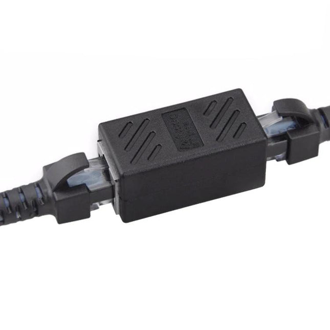 RJ45 Straight-Through Connector Pair for Cable Extension shown joining two Ethernet cables with protective housing