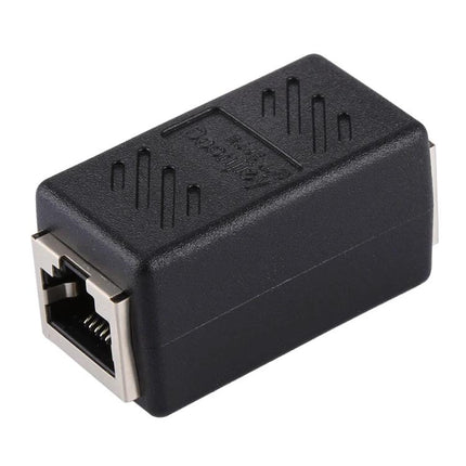 RJ45 Straight-Through Connector Pair for Cable Extension — black inline coupler joining two Ethernet cables