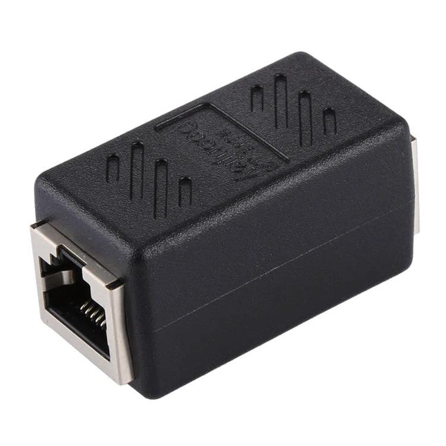 RJ45 Straight-Through Connector Pair for Cable Extension — black inline coupler joining two Ethernet cables