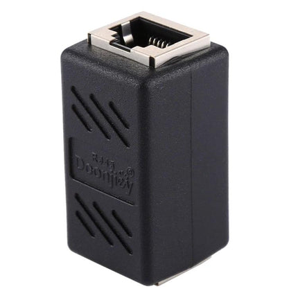 RJ45 Straight-Through Connector Pair for Cable Extension - black inline coupler joining two Ethernet cables, compact plastic housing