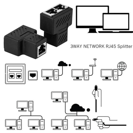 RJ45 Female to Female Network Cable Extension Adapter with 3 Ports black 3-way RJ45 splitter for extending Ethernet cables in home or office