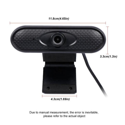 High-Definition USB Webcam with Microphone for Video Calls front view showing lens, clip mount and measurements