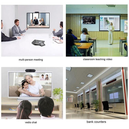 High-Definition USB Webcam with Microphone for Video Calls showing use in meetings, classrooms, video chat and bank counters