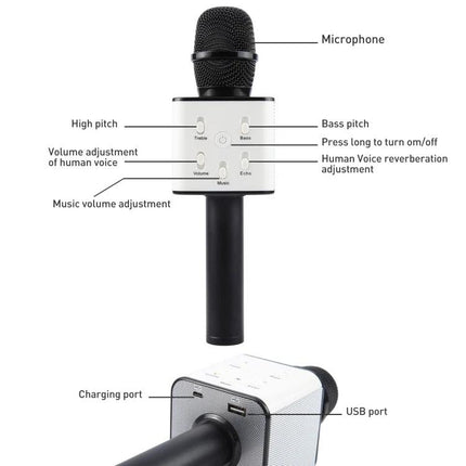 SDRD Microphone for Everyday Karaoke and Home Recording handheld wireless mic with volume, bass, treble, echo controls and USB charging ports
