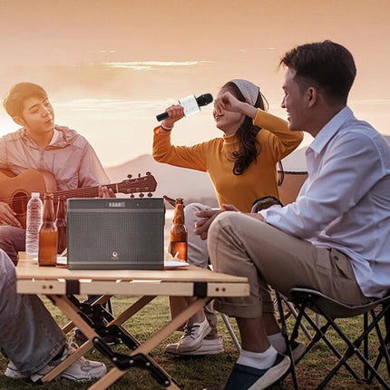 SDRD Microphone for Everyday Karaoke and Home Recording held by woman singing at outdoor picnic with friends, speaker and guitar nearby
