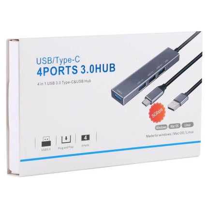Aluminum Alloy USB 3.0 Hub with Four Ports and LED Indicator - slim aluminum 4-port USB 3.0 hub with LED, Type-C and USB-A cables for laptops and desktops