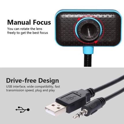 Webcam with Built-in Microphone for Desktop and Laptop Use showing manual focus lens and USB 2.0 plug, drive-free plug-and-play design