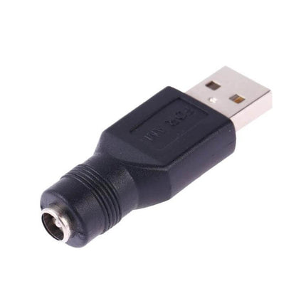 Alt Tag: USB to 5.5mm x 2.1mm Female Adapter for Device Connections compact black USB-to-DC jack converter for power compatibility