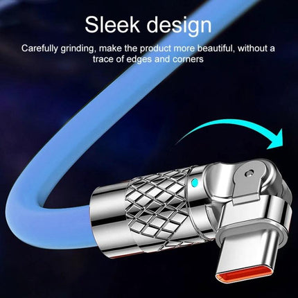 Mech Series USB-C Cable for Everyday Device Charging angled close-up of sleek 90-degree rotatable metal USB-C connector and blue cable