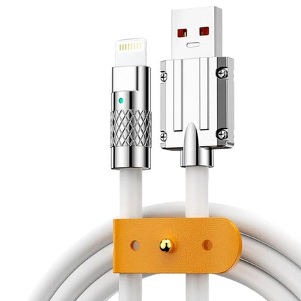 Mech Series Cable for Everyday Device Charging at Home - silver USB to Lightning cable with braided metal connectors and orange cable strap