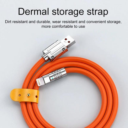Mech Series Cable for Everyday Device Charging at Home - orange coiled cable with dermal storage strap and metal connectors