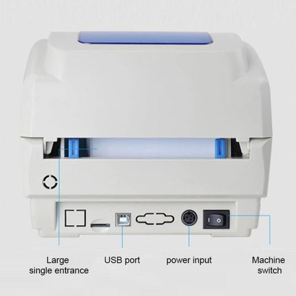 Xprinter XP-460B Thermal Barcode Printer for Everyday Labeling showing rear ports, USB port, power input and machine switch