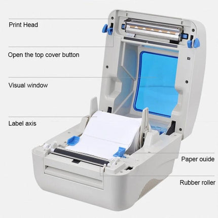 Xprinter XP-460B Thermal Barcode Printer for Everyday Labeling open with labels loaded showing print head, visual window, label axis and rubber roller