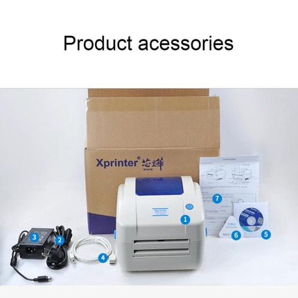 Xprinter XP-460B Thermal Barcode Printer for Everyday Labeling with accessories, power cord, USB cable, driver CD and user manual
