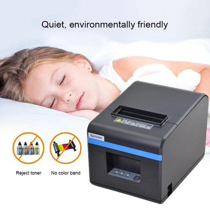 Xprinter XP-N160II Thermal Printer for Barcode Applications showing compact thermal label printer beside sleeping child, quiet eco-friendly print
