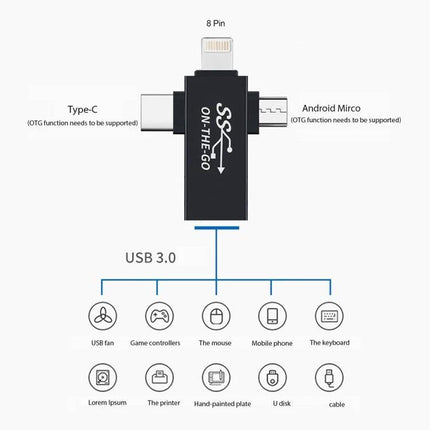 Versatile USB OTG Adapter for Daily Phone and Tablet Use - USB 3.0 plug and play adapter with Type-C, Lightning, Micro USB for flash drives and peripherals