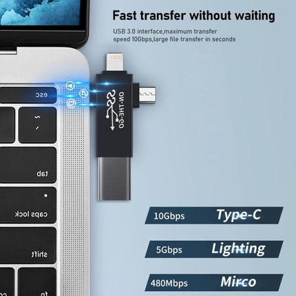 Versatile USB OTG Adapter for Daily Phone and Tablet Use plugged into laptop showing Type-C, Lighting, Mirco speeds