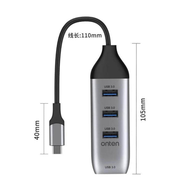 Onten USB-C Hub with 4 USB 3.0 Ports for Device Connections compact silver hub with cable and four USB 3.0 ports