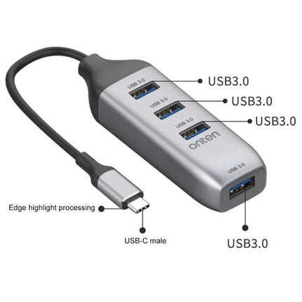 Onten USB-C Hub with 4 USB 3.0 Ports for Device Connections showing four USB-A 3.0 ports and USB-C plug in silver compact design