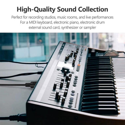 Essential Cable for Connecting Phone to Home MIDI Setups — 3.5mm stereo to 5-pin DIN cable shown plugged into a home MIDI keyboard for high-quality audio transfer