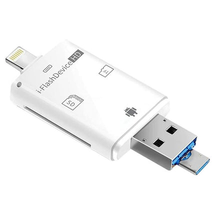 Versatile Card Reader for Daily Phone Storage Expansion – white multi-port iFlashDeviceHD with Lightning, USB-C and USB-A connectors for photo and file transfer