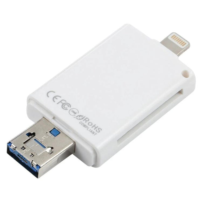 Versatile Card Reader for Daily Phone Storage Expansion — white multiport USB and Lightning card reader for transferring photos, videos, documents on the go