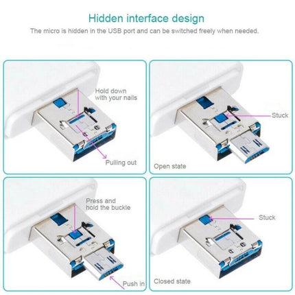 Versatile Card Reader for Daily Phone Storage Expansion showing hidden micro USB interface; diagrams of open, closed, pull-out and push-in states