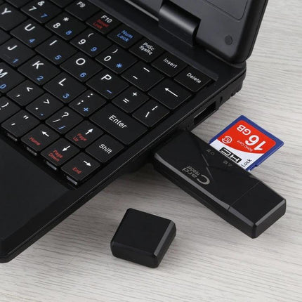 Versatile Card Reader for Everyday Data Transfer on the Go plugged into laptop USB with SD card inserted for quick photo transfer