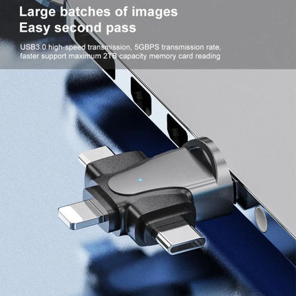 Essential card reader for everyday file transfers and backups plugged into laptop USB showing multi-connector design and TF card support