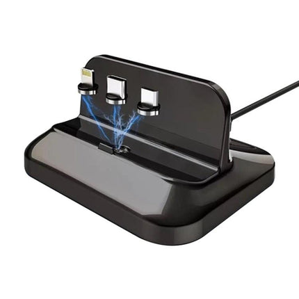 Versatile Magnetic Base for Charging Devices at Home Daily - black 3-connector dock with 8 Pin, Type-C and Micro USB charging on desk