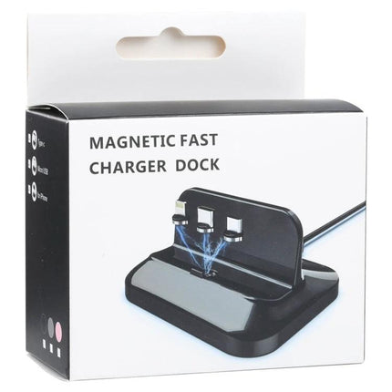 Versatile Magnetic Base for Charging Devices at Home Daily - black magnetic fast charger dock with 3 connectors (8 Pin, Type-C, Micro USB) on bedside