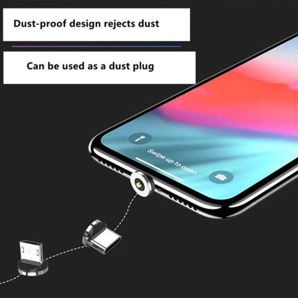 Versatile Magnetic Base for Charging Devices at Home Daily showing three magnetic connectors (8 Pin, Type-C, Micro USB) charging smartphone and acting as dust plug