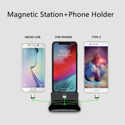 Versatile Magnetic Base for Charging Devices at Home Daily - 3 magnetic connectors (8 Pin, Type-C, Micro USB) charging smartphone, tablet, earbuds