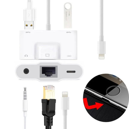 Adapter for Everyday Device Charging and Connectivity at Home white 8‑pin plug‑and‑play hub with Ethernet, headphone jack and USB for phone/tablet