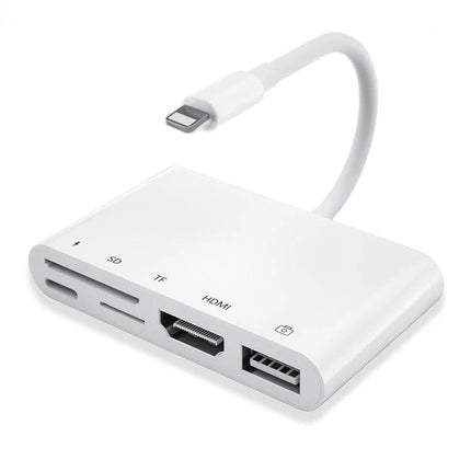 Compact Adapter for Daily Device Links and Media Sharing white 8-pin hub with HDMI, SD/TF card slots and USB port for charging and file transfer